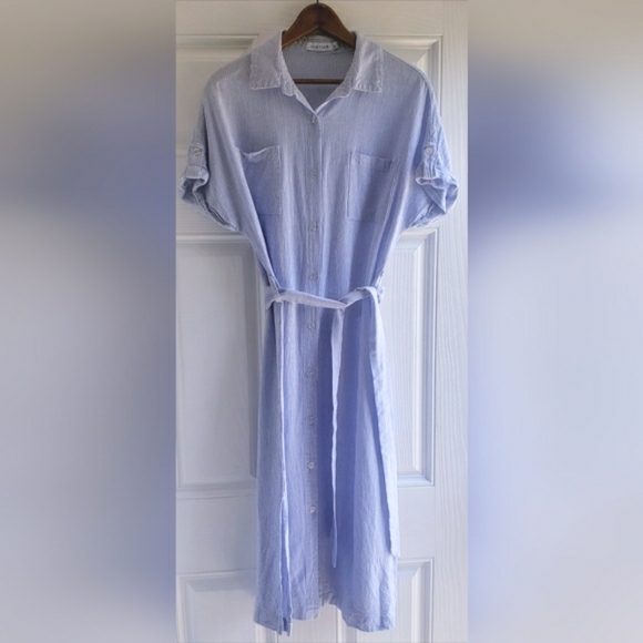JustFab Dresses & Skirts - JustFab Linen Dolman Sleeve Shirt Dress Size Large Blue And White Stripes